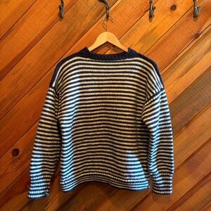 LeTricoteur 100% British wool navy and cream striped sweater NWOT
